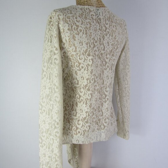 Suki Women M Taupe Ivory Floral Lace Long Sleeve Cardigan Front Ties Made in USA - Picture 5 of 12
